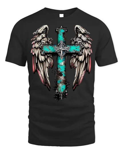 Rustic Angel Wings Cross T-Shirt Christian Faith - black t-shirt on white background