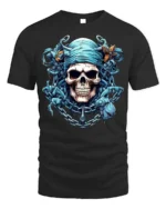 Blue Pirate Skull T-Shirt Gothic Chains Graphic Tee - black t-shirt on white background
