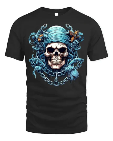 Blue Pirate Skull T-Shirt Gothic Chains Graphic Tee - black t-shirt on white background