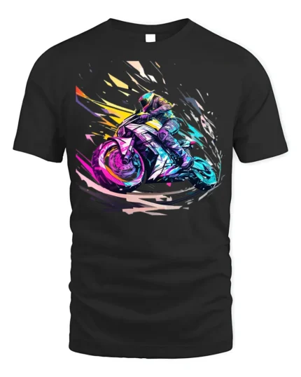 Speed Rider T-Shirt Neon Motorcycle Racing Graphic - black t-shirt on white background