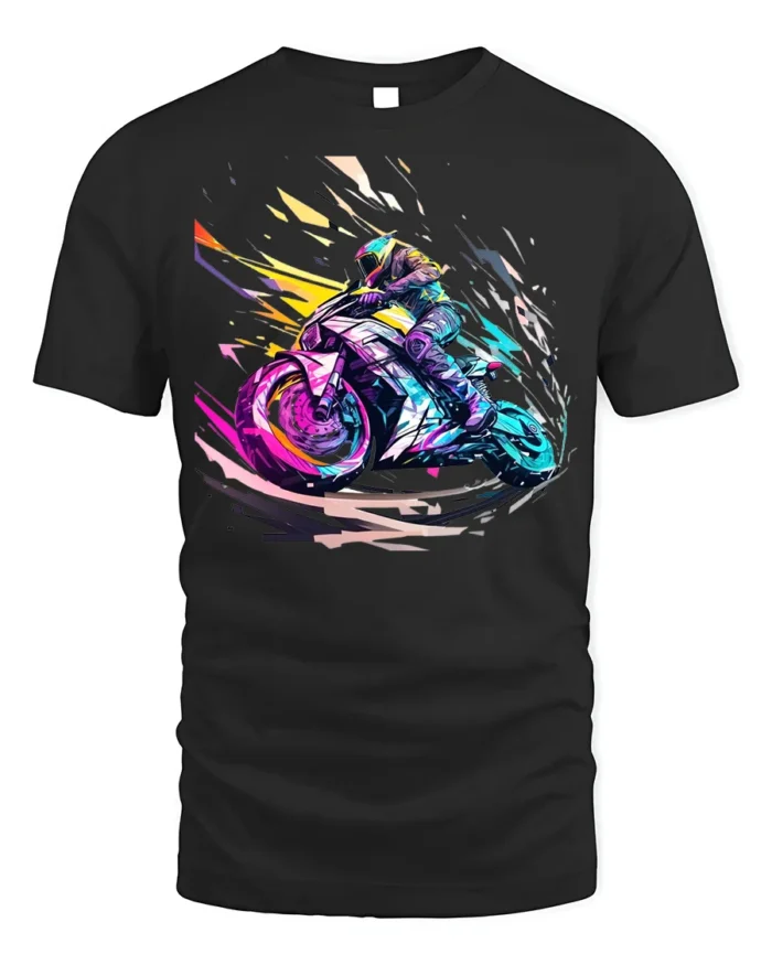 Speed Rider T-Shirt Neon Motorcycle Racing Graphic - black t-shirt on white background