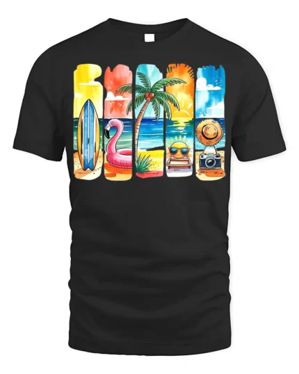 Colorful Summer Beach Vibes T-Shirt Fun Tropical Print - black t-shirt on white background