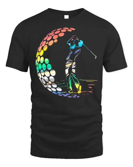 Colorful Golf Swing T-Shirt Retro Rainbow Golfer Tee - black t-shirt on white background