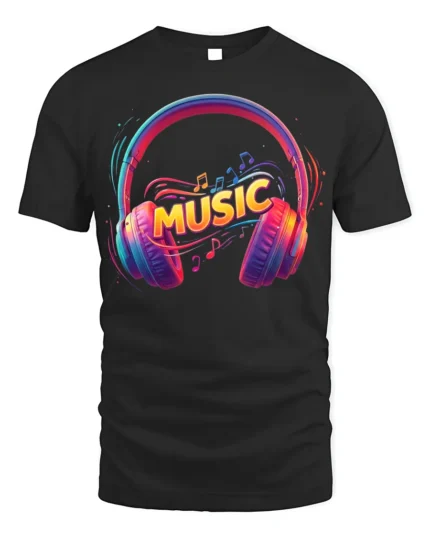 Colorful Music Headphones T-Shirt Vibrant Audio Vibes - black t-shirt on white background