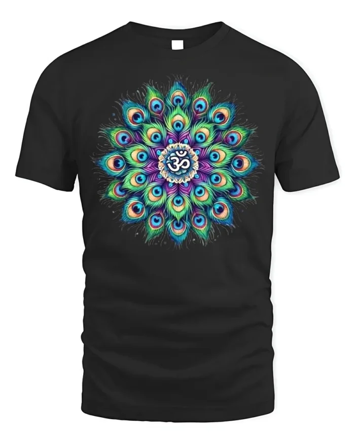 Spiritual Peacock Feather Mandala T-Shirt Om Yoga - black t-shirt on white background