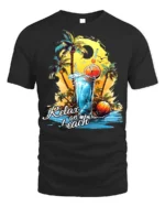 Relax on Beach T-Shirt with Palm Trees and Summer Drink - black t-shirt on white background