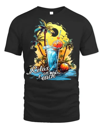 Relax on Beach T-Shirt with Palm Trees and Summer Drink - black t-shirt on white background