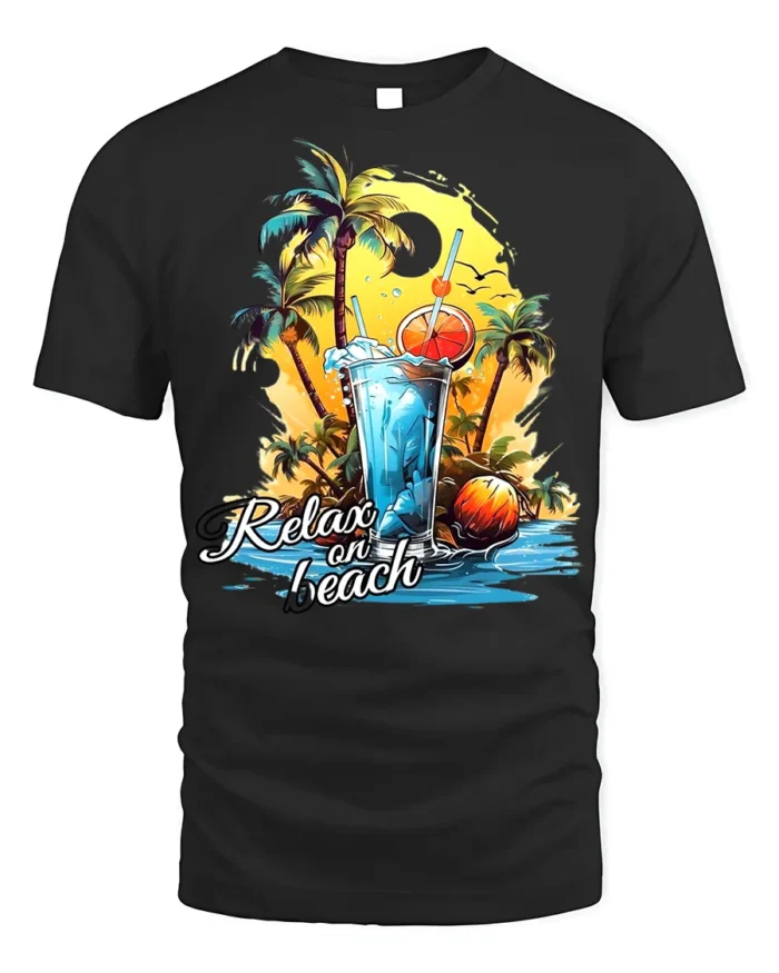 Relax on Beach T-Shirt with Palm Trees and Summer Drink - black t-shirt on white background