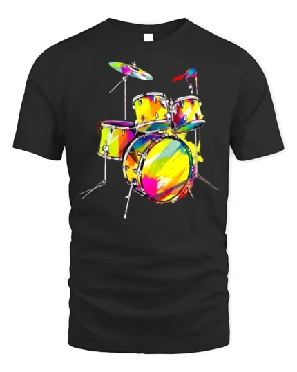 Colorful Drum Kit T-Shirt for Music Lovers and Drummers - black t-shirt on white background