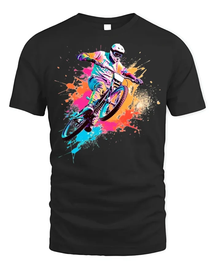 Color Splash Mountain Bike T-Shirt for Adventure Riders - black t-shirt on white background