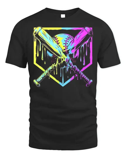 Dripping Neon Baseball Bats Graphic T-Shirt for Players - black t-shirt on white background