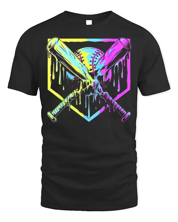 Dripping Neon Baseball Bats Graphic T-Shirt for Players - black t-shirt on white background