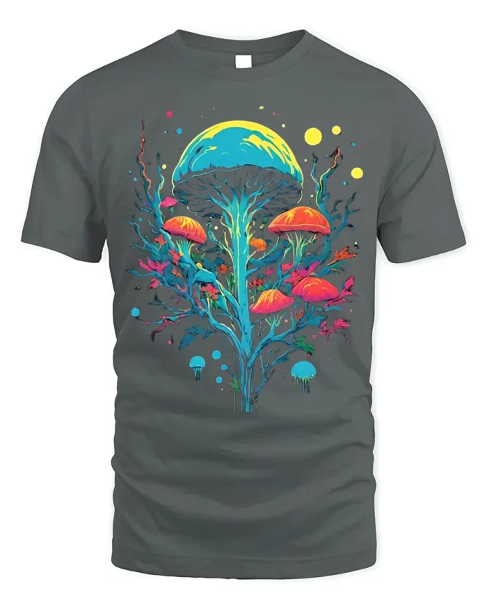 Psychedelic Mushroom Art T-Shirt Trippy Nature Vibes - gray t-shirt on white background