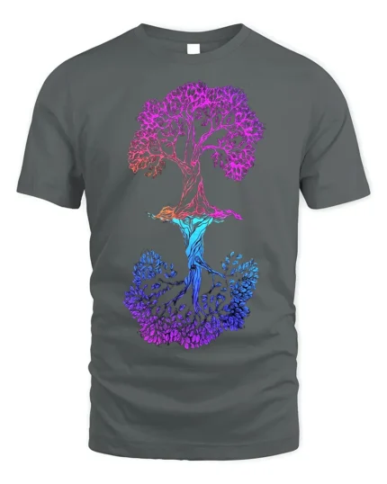 Dual Tree of Life T-Shirt Colorful Nature Graphic Tee - gray t-shirt on white background