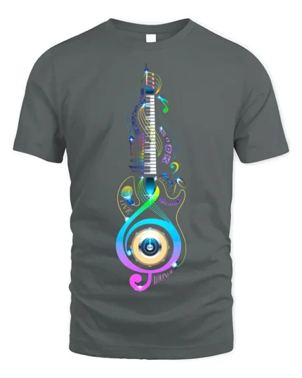 Colorful Music Lover T-Shirt Piano Treble Clef Design - gray t-shirt on white background