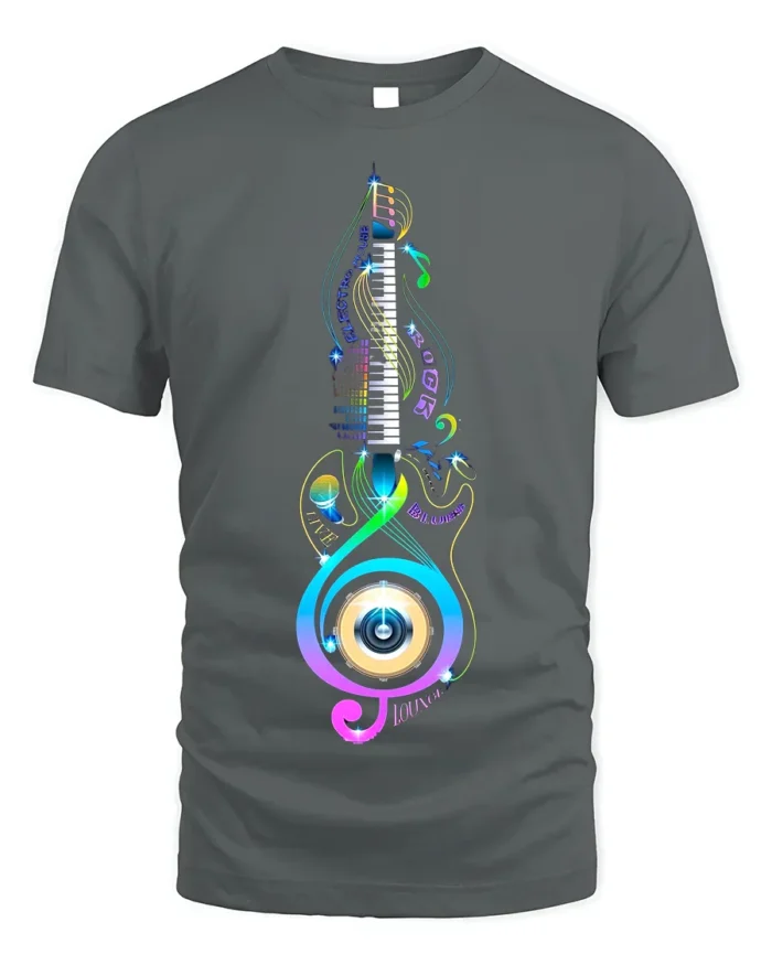 Colorful Music Lover T-Shirt Piano Treble Clef Design - gray t-shirt on white background