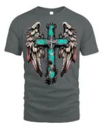 Rustic Angel Wings Cross T-Shirt Christian Faith - gray t-shirt on white background