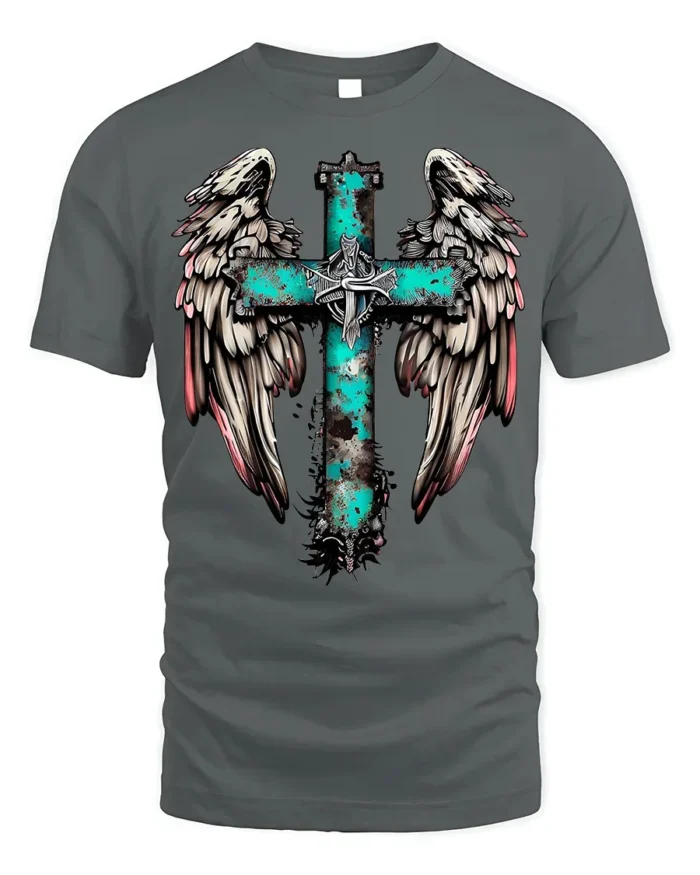 Rustic Angel Wings Cross T-Shirt Christian Faith - gray t-shirt on white background