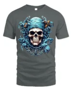 Blue Pirate Skull T-Shirt Gothic Chains Graphic Tee - gray t-shirt on white background