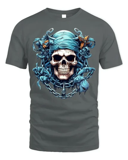 Blue Pirate Skull T-Shirt Gothic Chains Graphic Tee - gray t-shirt on white background