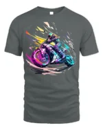 Speed Rider T-Shirt Neon Motorcycle Racing Graphic - gray t-shirt on white background