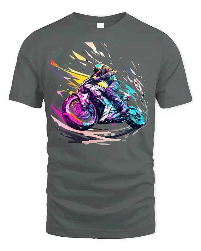 Speed Rider T-Shirt Neon Motorcycle Racing Graphic - gray t-shirt on white background