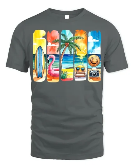Colorful Summer Beach Vibes T-Shirt Fun Tropical Print - gray t-shirt on white background