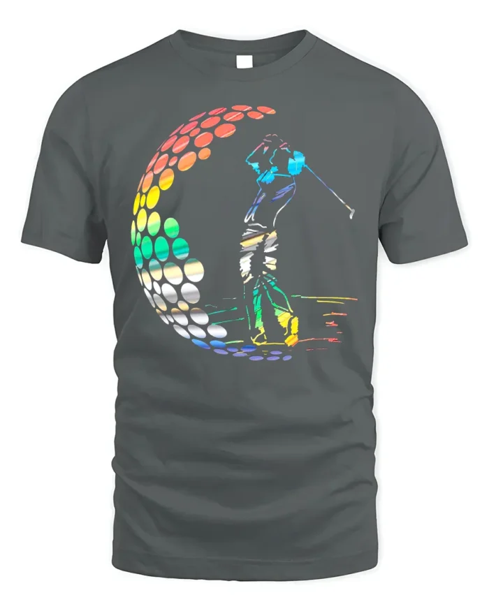Colorful Golf Swing T-Shirt Retro Rainbow Golfer Tee - gray t-shirt on white background