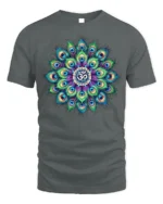 Spiritual Peacock Feather Mandala T-Shirt Om Yoga - gray t-shirt on white background