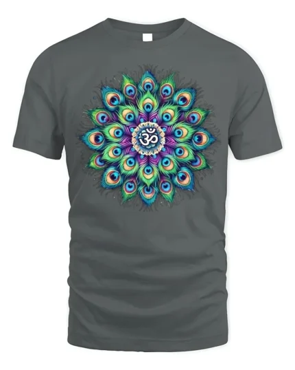 Spiritual Peacock Feather Mandala T-Shirt Om Yoga - gray t-shirt on white background