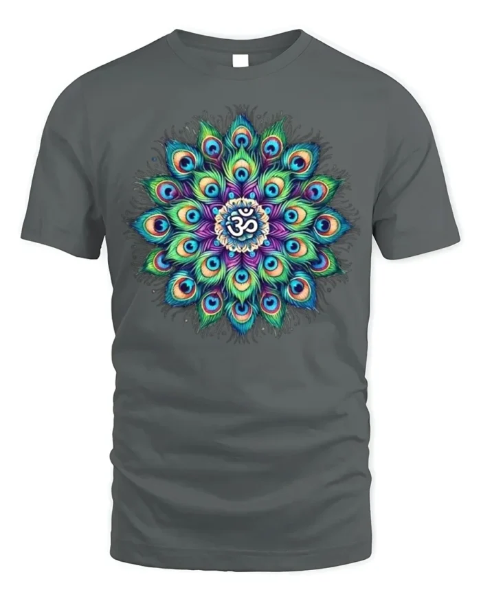 Spiritual Peacock Feather Mandala T-Shirt Om Yoga - gray t-shirt on white background
