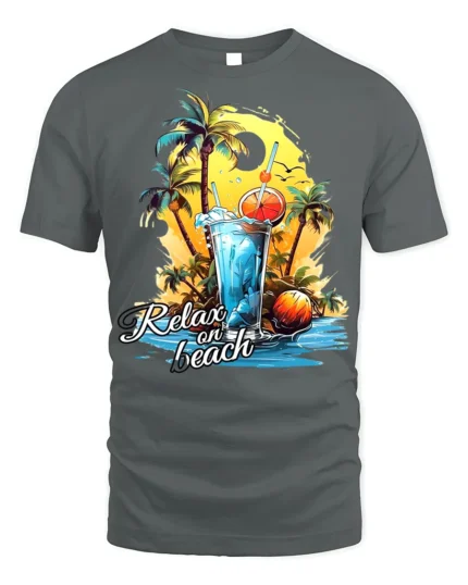 Relax on Beach T-Shirt with Palm Trees and Summer Drink - gray t-shirt on white background