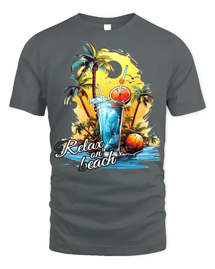 Relax on Beach T-Shirt with Palm Trees and Summer Drink - gray t-shirt on white background