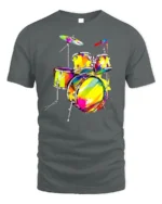 Colorful Drum Kit T-Shirt for Music Lovers and Drummers - gray t-shirt on white background
