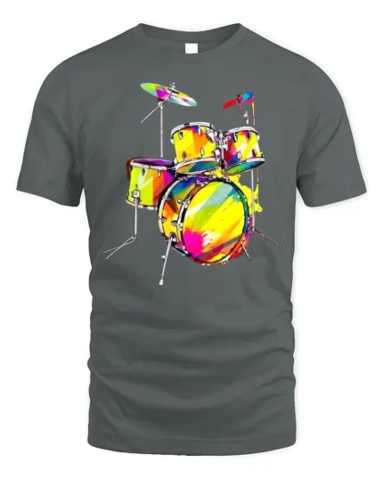 Colorful Drum Kit T-Shirt for Music Lovers and Drummers - gray t-shirt on white background