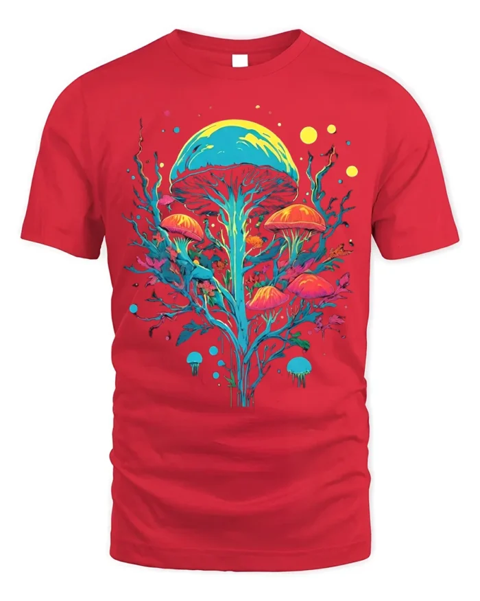Psychedelic Mushroom Art T-Shirt Trippy Nature Vibes - red t-shirt on white background