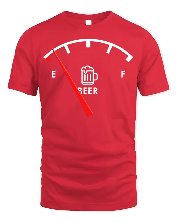 Funny Beer Gauge T-Shirt Low on Beer Fuel Drink - red t-shirt on white background