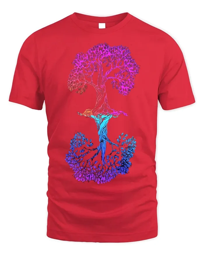 Dual Tree of Life T-Shirt Colorful Nature Graphic Tee - red t-shirt on white background