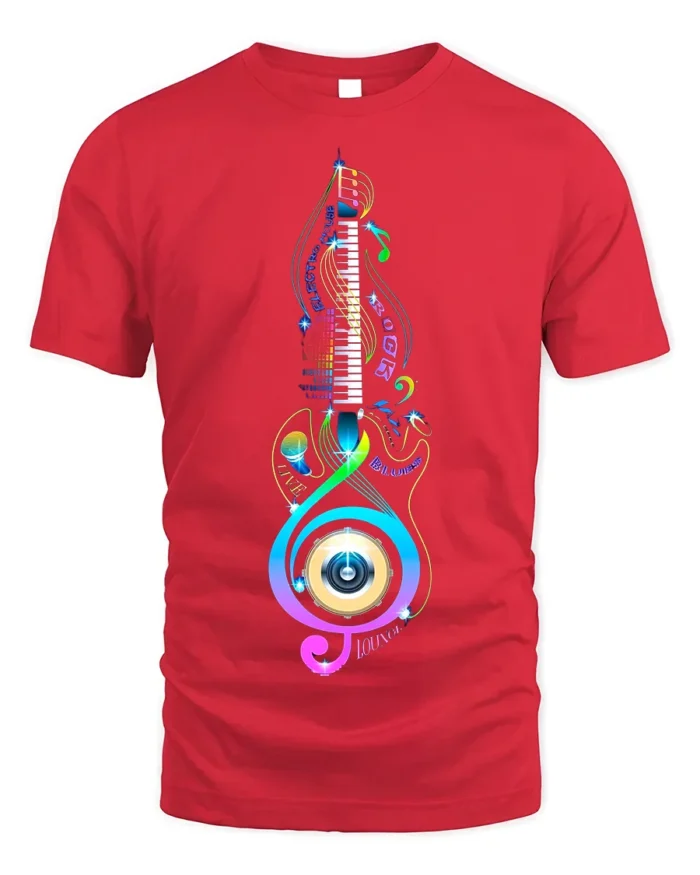 Colorful Music Lover T-Shirt Piano Treble Clef Design - red t-shirt on white background