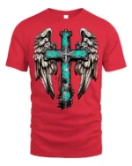 Rustic Angel Wings Cross T-Shirt Christian Faith - red t-shirt on white background