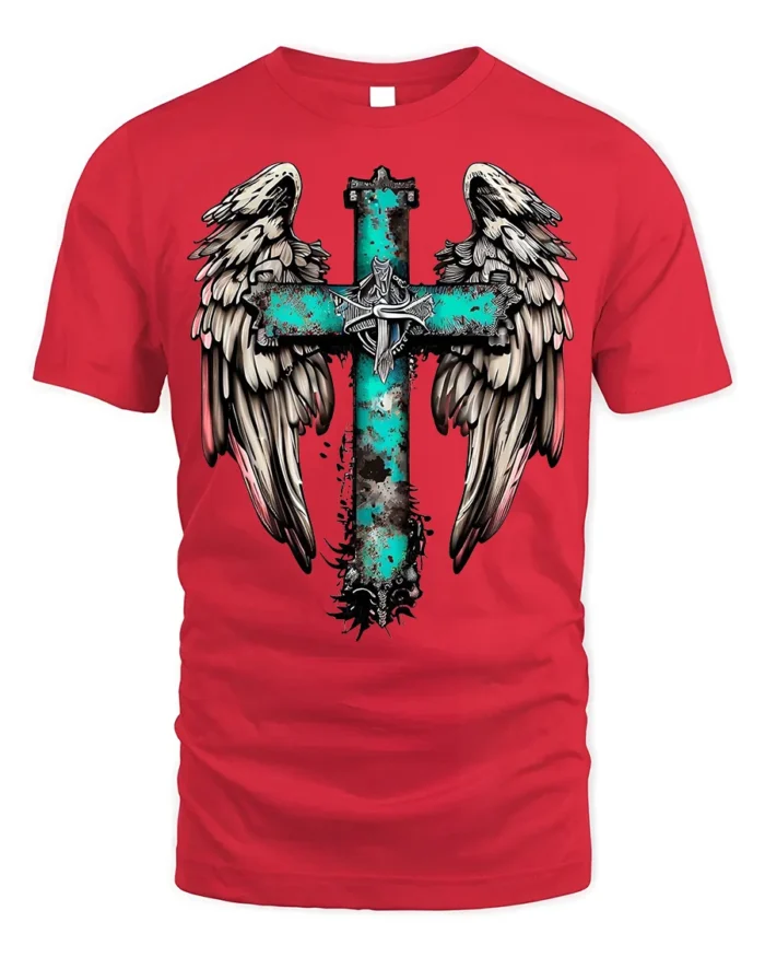 Rustic Angel Wings Cross T-Shirt Christian Faith - red t-shirt on white background