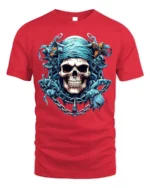 Blue Pirate Skull T-Shirt Gothic Chains Graphic Tee - red t-shirt on white background