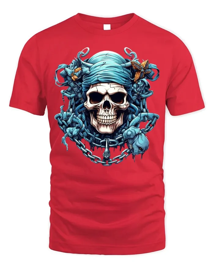 Blue Pirate Skull T-Shirt Gothic Chains Graphic Tee - red t-shirt on white background
