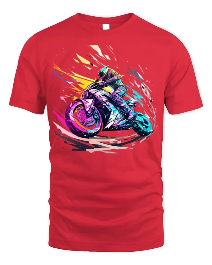 Speed Rider T-Shirt Neon Motorcycle Racing Graphic - red t-shirt on white background