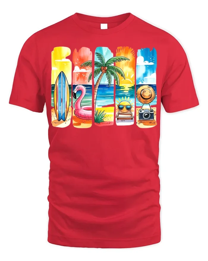 Colorful Summer Beach Vibes T-Shirt Fun Tropical Print - red t-shirt on white background