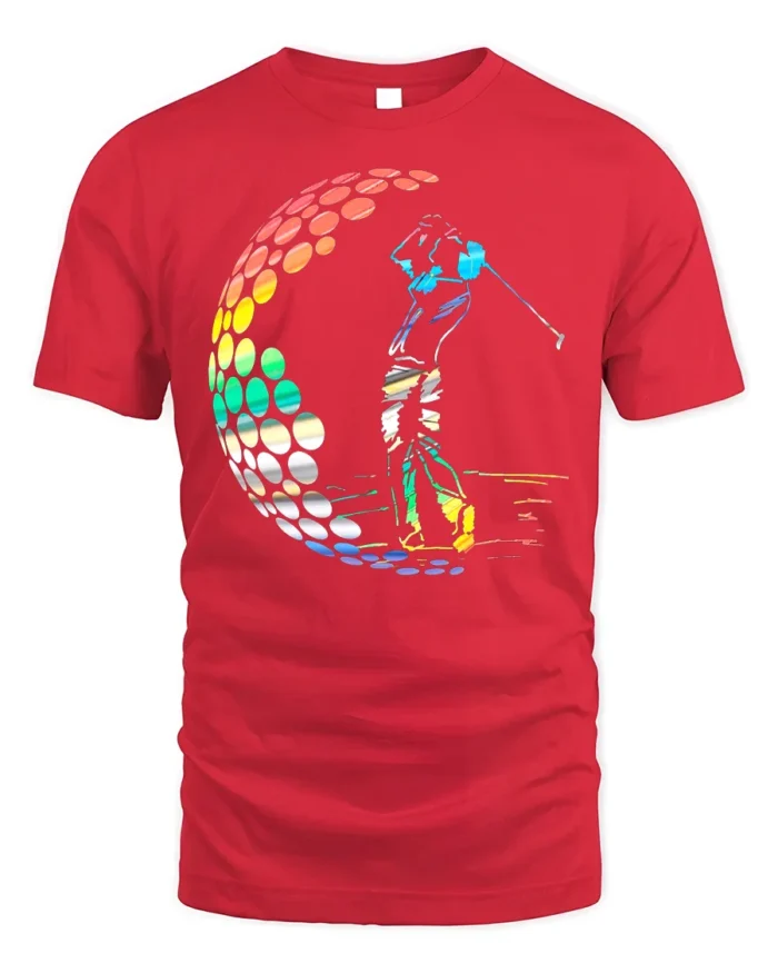 Colorful Golf Swing T-Shirt Retro Rainbow Golfer Tee - red t-shirt on white background