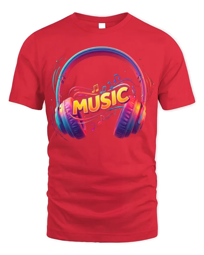 Colorful Music Headphones T-Shirt Vibrant Audio Vibes - red t-shirt on white background
