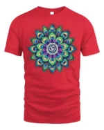 Spiritual Peacock Feather Mandala T-Shirt Om Yoga - red t-shirt on white background
