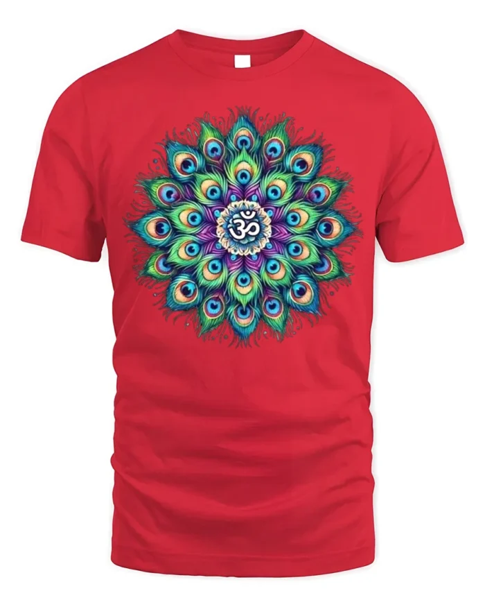 Spiritual Peacock Feather Mandala T-Shirt Om Yoga - red t-shirt on white background