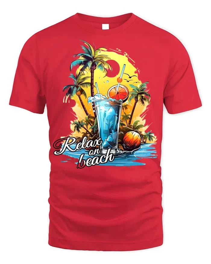 Relax on Beach T-Shirt with Palm Trees and Summer Drink - red t-shirt on white background